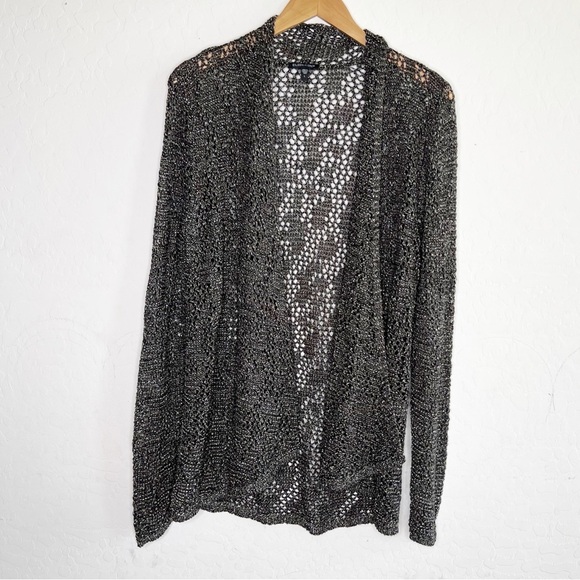 Eileen Fisher Metallic Crochet Knit Open Front Cardigan Cotton Linen - Picture 1 of 8